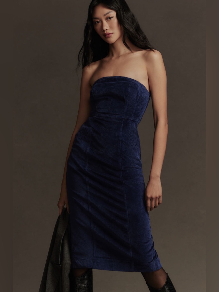 Anthropologie X Pilcro Blue Strapless Corduroy Slim Midi Dress Bnwt Sz 4 Small